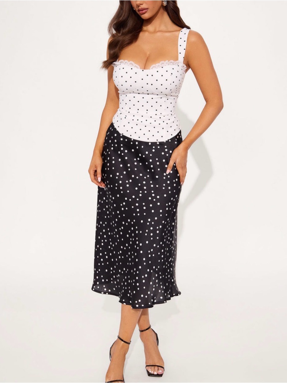 Polka Dot Satin Midi Skirt - Black/White
